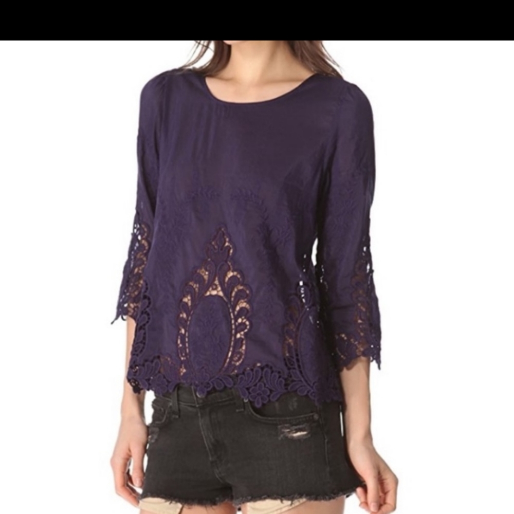 Anthropologie  navy blue lace scalloped hem blouse